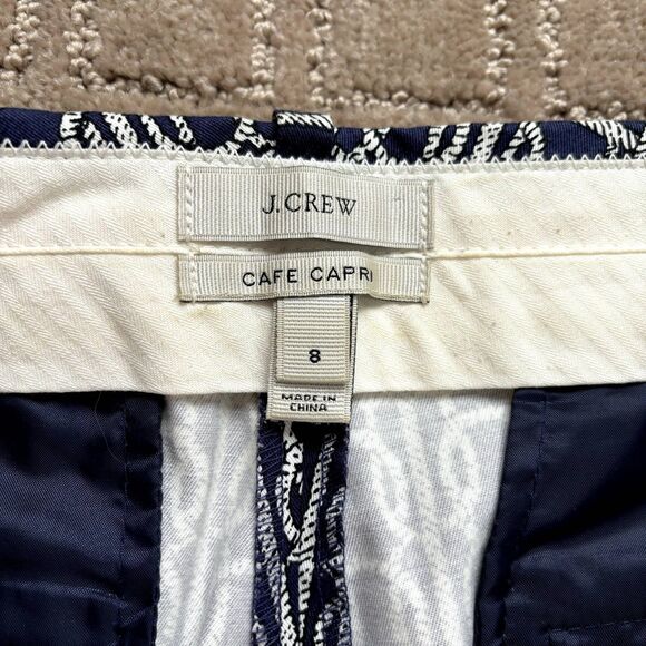 J Crew Cafe Cropped Ankle Pants Women's 8 Navy Blue White Rope Nautical Sailor - Picture 4 of 9